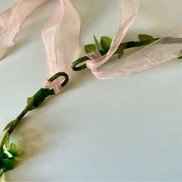 Garden Floral Head Wreath, faux flowers, on Finished Wire Base, Ribbon B… - Picture 5 of 5